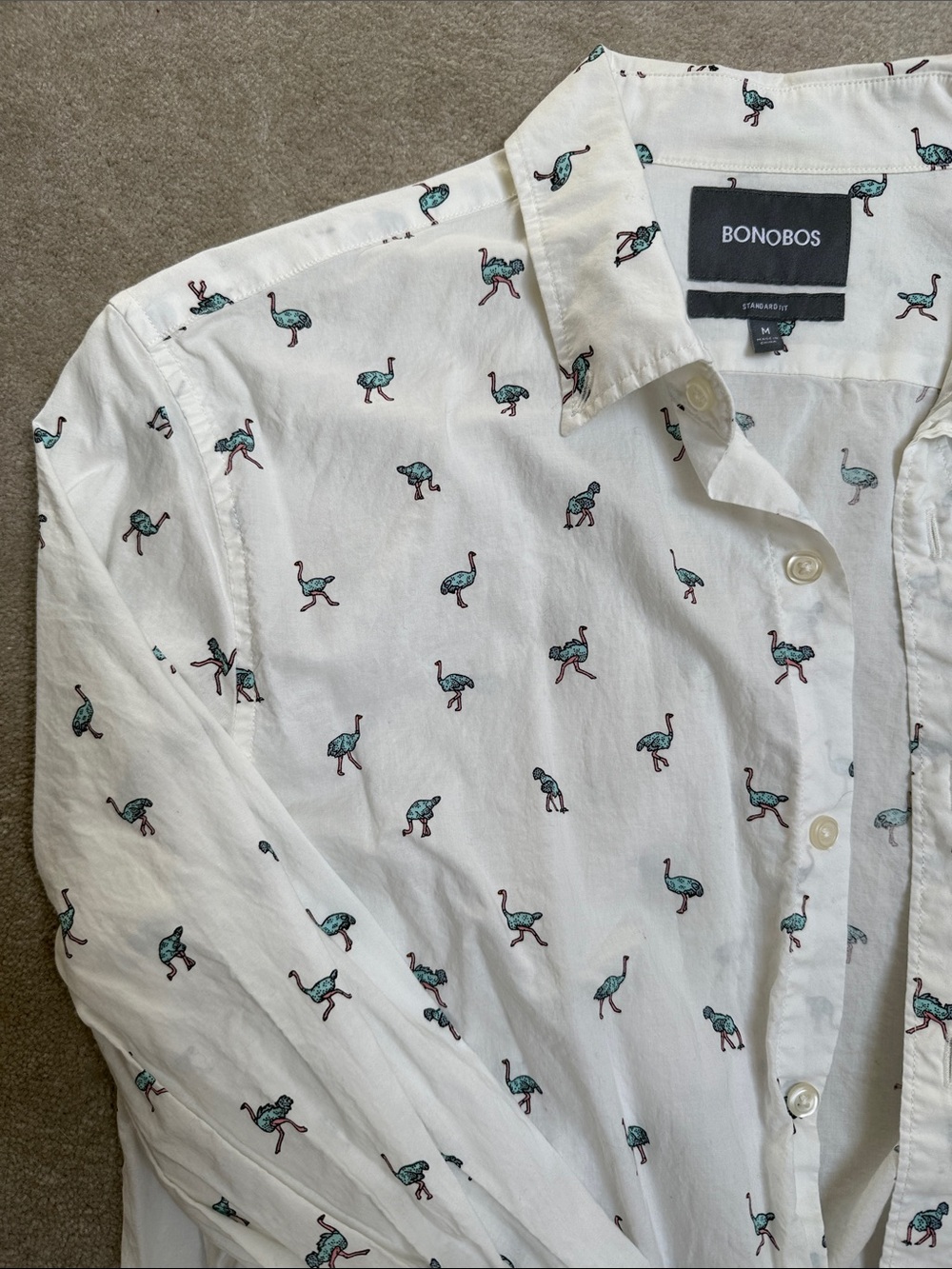 Bonobos White Button-Down Shirt with Teal Flamingo Motif